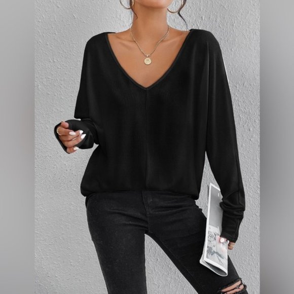 Black Oversized V Neck Batwing Long Sleeve Knit Tee - Picture 1 of 7